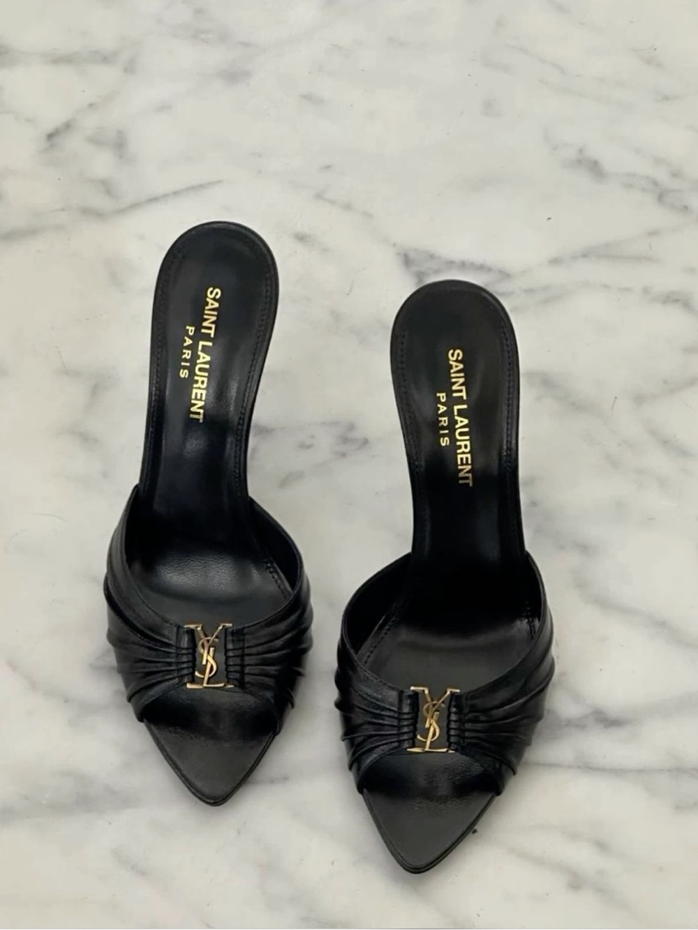 Saint Laurent Black Leather Babylone Mule Slides with YSL Accent